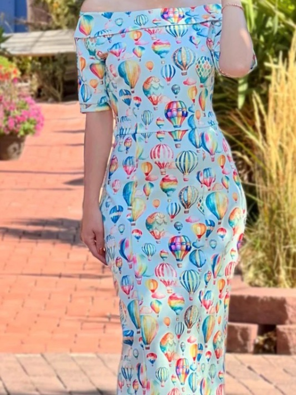 Off-Shoulder Hot Air Balloon Print Midi Dress in Light Blue